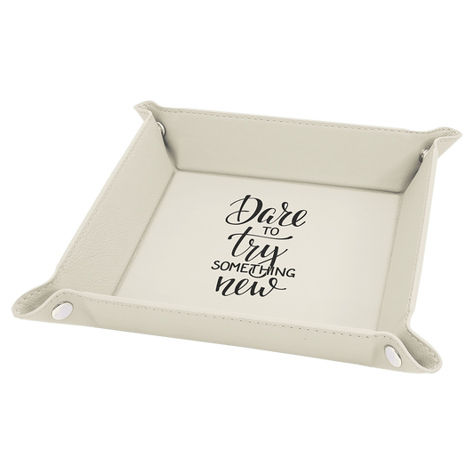 6" x 6" White Laserable Leatherette Snap Up Tray with Silver Snaps (Sold by Case of 6)