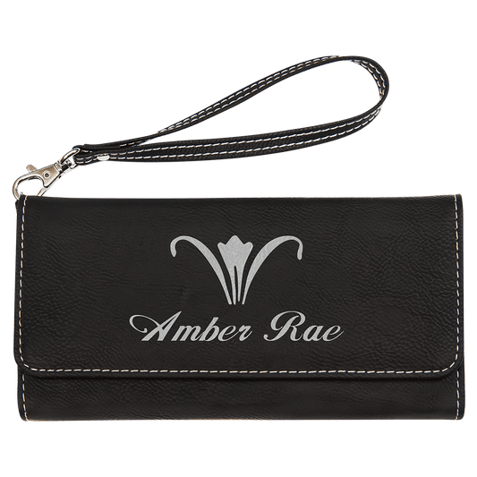 7 1/2" x 4" Black/Silver Laserable Leatherette Wallet with Strap (Sold by Case of 6)