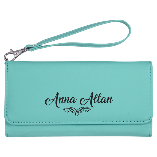 7 1/2" x 4" Teal Laserable Leatherette Wallet with Strap (Sold by Case of 6)