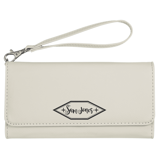7 1/2" x 4" White Laserable Leatherette Wallet with Strap (Sold by Case of 6)