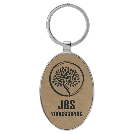 3" x 1 3/4" Laserable Leatherette/Metal Light Brown Oval Keychain (Sold by Case of 50)