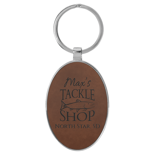 3" x 1 3/4" Laserable Leatherette/Metal Dark Brown Oval Keychain (Sold by Case of 50)