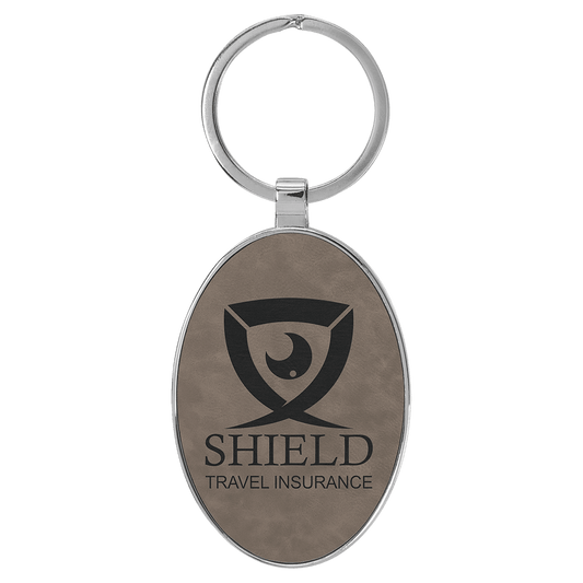 3" x 1 3/4" Laserable Leatherette/Metal Gray Oval Keychain (Sold by Case of 50)