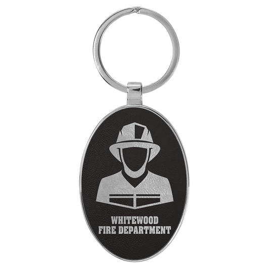 3" x 1 3/4" Laserable Leatherette/Metal Black/Silver Oval Keychain (Sold by Case of 50)
