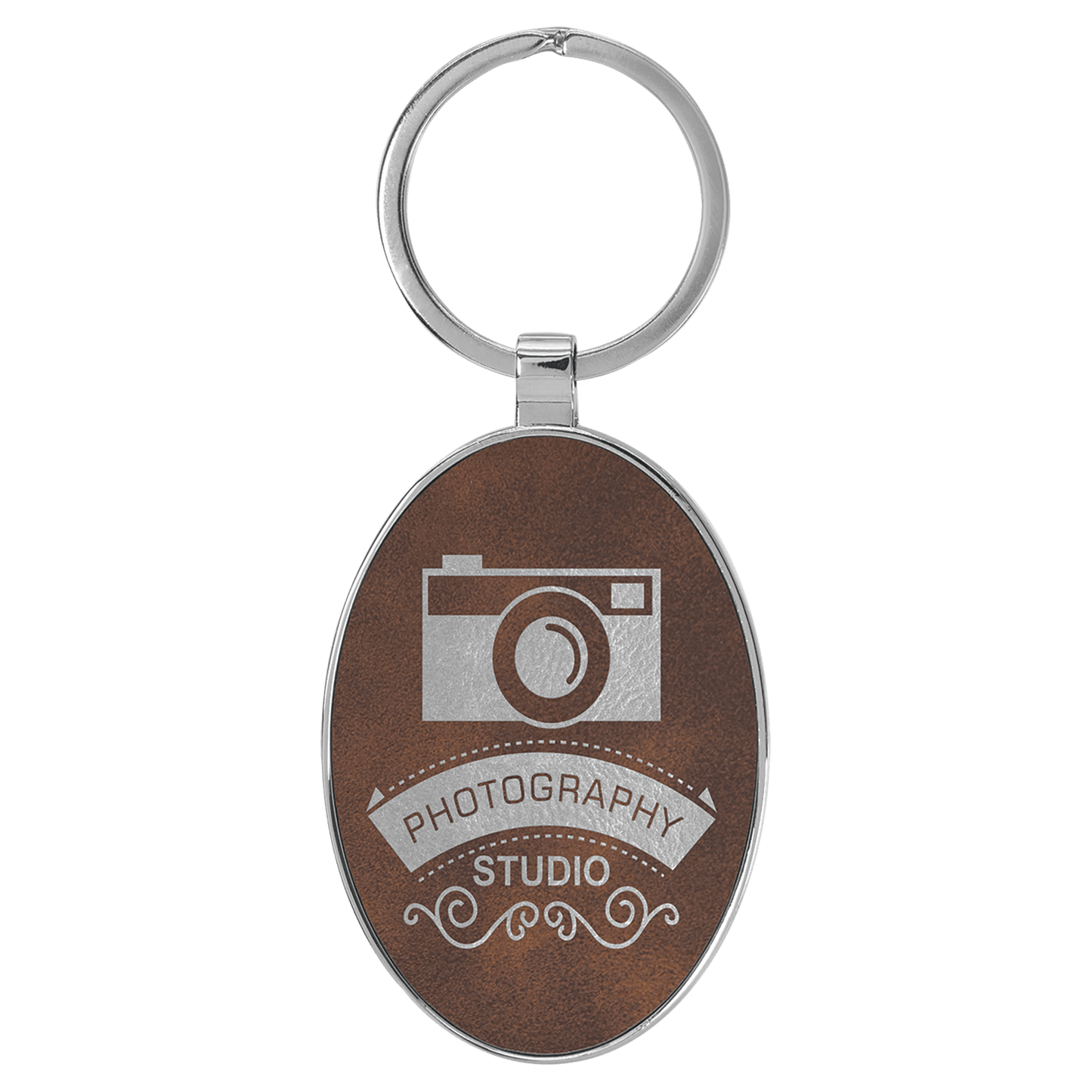 3" x 1 3/4" Laserable Leatherette/Metal Rustic/Silver Oval Keychain (Sold by Case of 50)