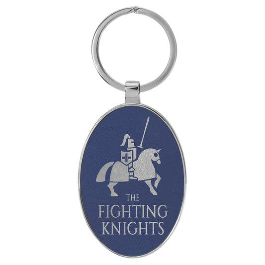 3" x 1 3/4" Laserable Leatherette/Metal Blue/Silver Oval Keychain (Sold by Case of 50)