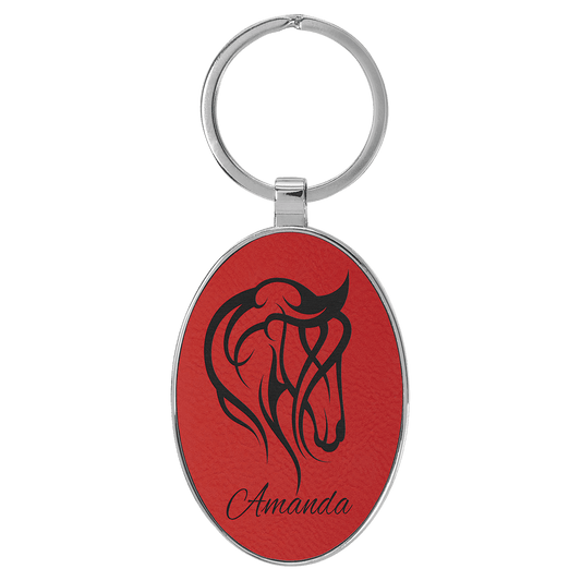 3" x 1 3/4" Laserable Leatherette/Metal Red Oval Keychain (Sold by Case of 50)