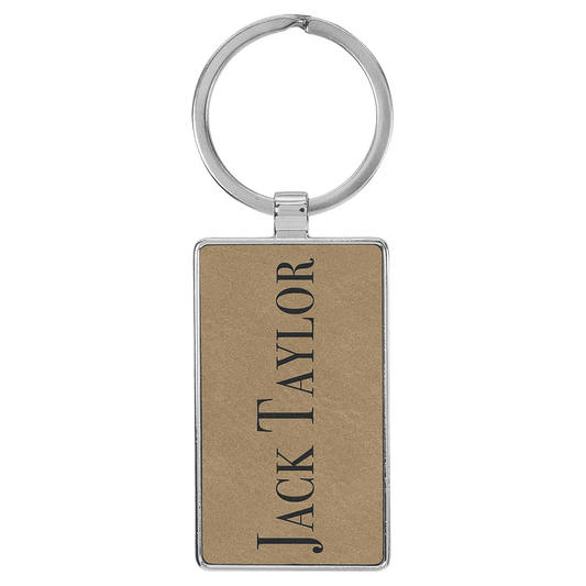 2 3/4" x 1 1/4" Laserable Leatherette/Metal Light Brown Rectangle Keychain (Sold by Case of 50)
