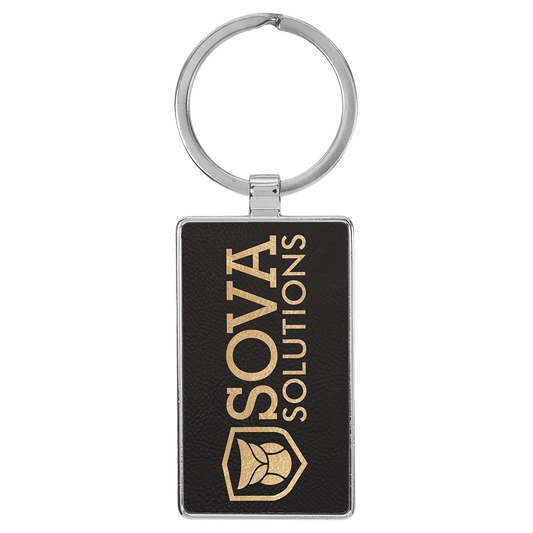 2 3/4" x 1 1/4" Laserable Leatherette/Metal Black/Gold Rectangle Keychain (Sold by Case of 50)