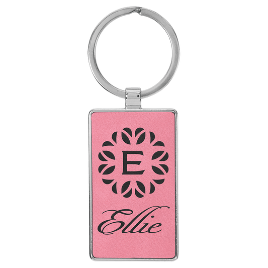 2 3/4" x 1 1/4" Laserable Leatherette/Metal Pink Rectangle Keychain (Sold by Case of 50)