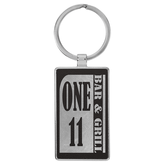 2 3/4" x 1 1/4" Laserable Leatherette/Metal Black/Silver Rectangle Keychain (Sold by Case of 50)