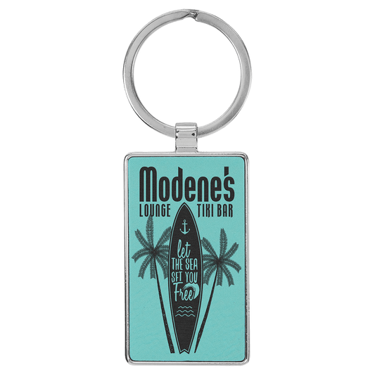 2 3/4" x 1 1/4" Laserable Leatherette/Metal Teal Rectangle Keychain (Sold by Case of 50)
