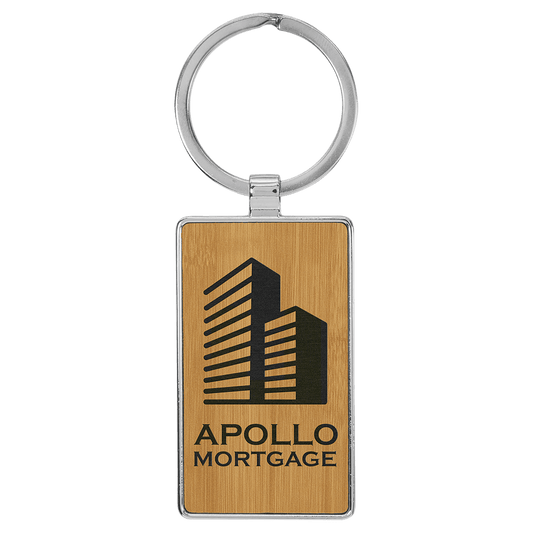 2 3/4" x 1 1/4" Laserable Leatherette/Metal Bamboo Rectangle Keychain (Sold by Case of 50)