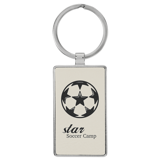 2 3/4" x 1 1/4" Laserable Leatherette/Metal White Rectangle Keychain (Sold by Case of 50)