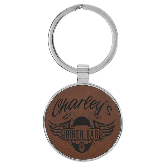 1 1/2" Laserable Leatherette/Metal Dark Brown Round Keychain (Sold by Case of 50)