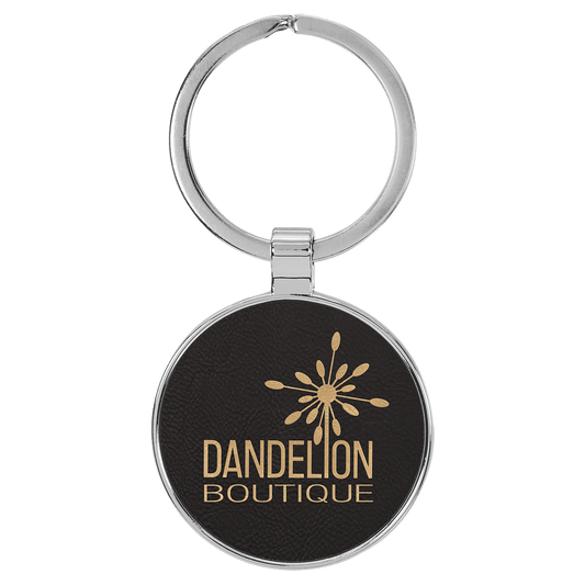 1 1/2" Laserable Leatherette/Metal Black/Gold Round Keychain (Sold by Case of 50)