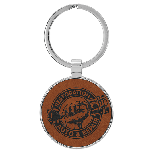 1 1/2" Laserable Leatherette/Metal Rawhide Round Keychain (Sold by Case of 50)