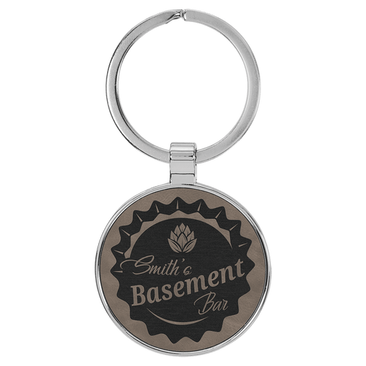 1 1/2" Laserable Leatherette/Metal Gray Round Keychain (Sold by Case of 50)