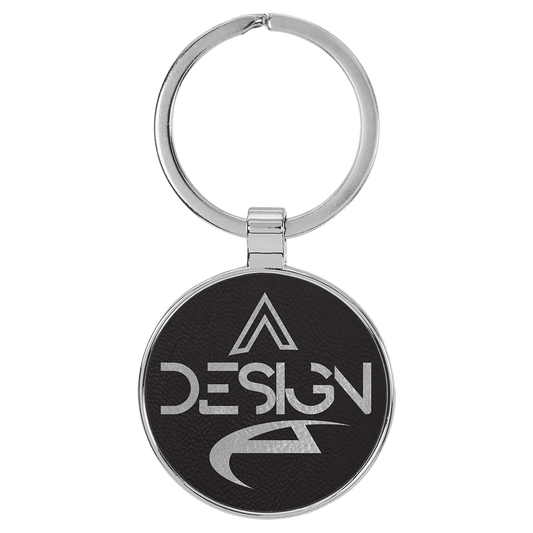 1 1/2" Laserable Leatherette/Metal Black/Silver Round Keychain (Sold by Case of 50)