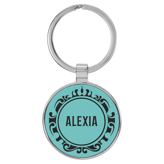 1 1/2" Laserable Leatherette/Metal Teal Round Keychain (Sold by Case of 50)