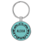 1 1/2" Laserable Leatherette/Metal Teal Round Keychain (Sold by Case of 50)