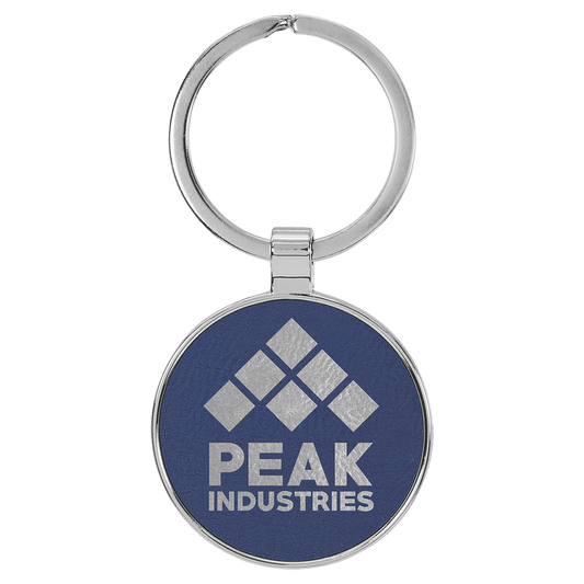 1 1/2" Laserable Leatherette/Metal Blue/Silver Round Keychain (Sold by Case of 50)