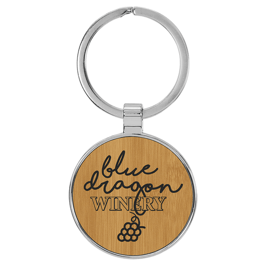 1 1/2" Laserable Leatherette/Metal Bamboo Round Keychain (Sold by Case of 50)