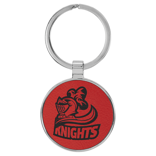 1 1/2" Laserable Leatherette/Metal Red Round Keychain (Sold by Case of 50)