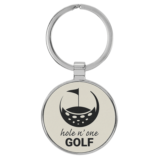 1 1/2" Laserable Leatherette/Metal White Round Keychain (Sold by Case of 50)