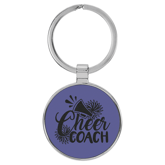 1 1/2" Laserable Leatherette/Metal Purple Round Keychain (Sold by Case of 50)