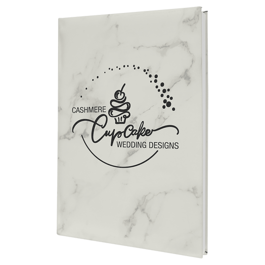 7" x 9 3/4" White Marble Laserable Leatherette Sketch Book with Unlined Notepad (Sold by Case of 4)