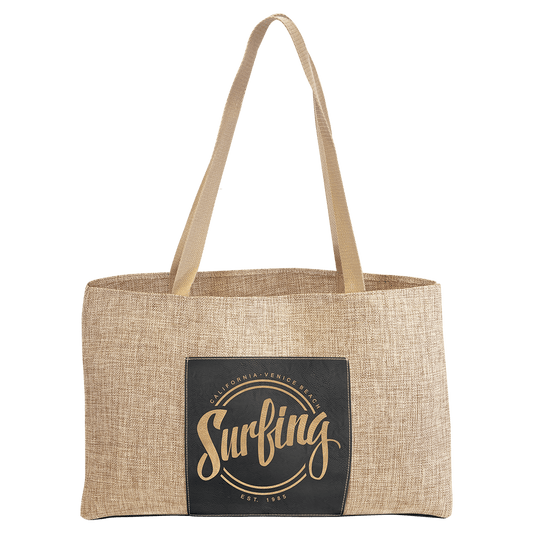 19" x 12" Burlap Bag with 5" Black/Gold Laserable Leatherette Gusset (Sold by Case of 10)