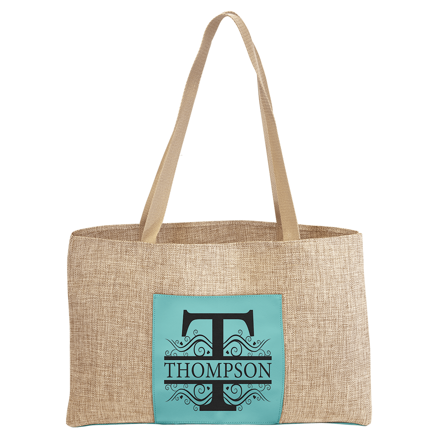 19" x 12" Burlap Bag with 5" Teal Laserable Leatherette Gusset (Sold by Case of 10)