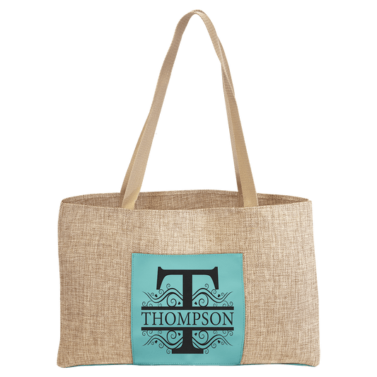 19" x 12" Burlap Bag with 5" Teal Laserable Leatherette Gusset (Sold by Case of 10)