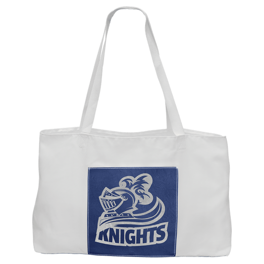 19" x 12" White Bag with 5" Blue/Silver Laserable Leatherette Gusset (Sold by Case of 10)