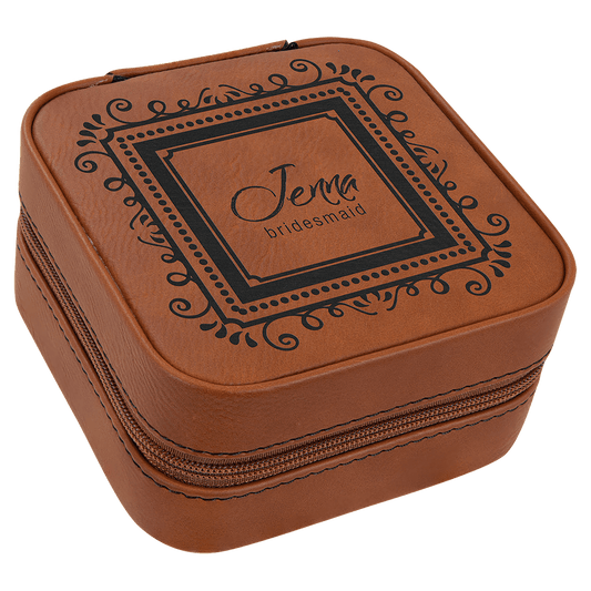 4" X 4" Rawhide Laserable Leatherette Travel Jewelry Box with Tan Lining (Sold by Case of 6)