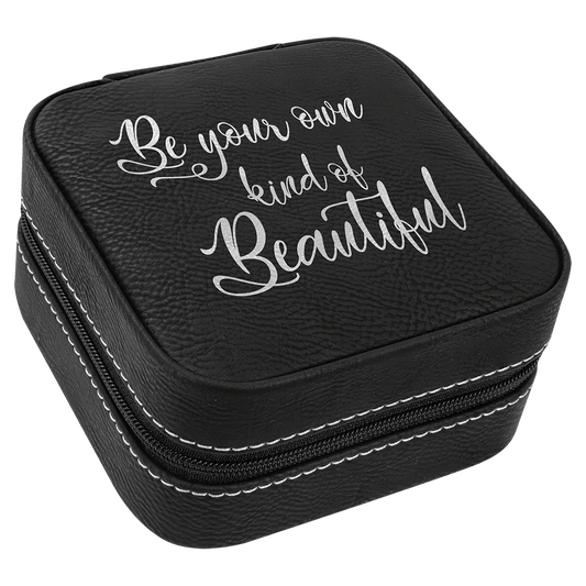 4" x 4"  Black/Silver Laserable Leatherette Travel Jewelry Box with Tan Lining (Sold by Case of 6)
