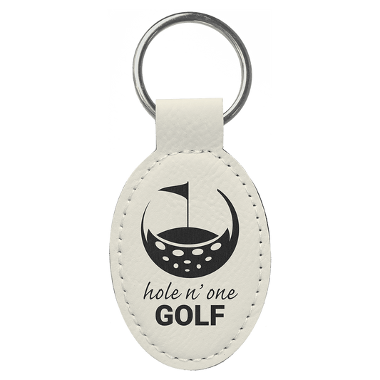 3" x 1 3/4" White Laserable Leatherette Oval Keychain (Sold by Case of 50)