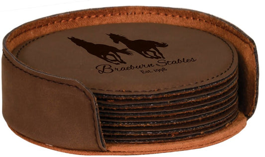 4" Dark Brown Round Laserable Leatherette 6-Coaster Set (Sold by Case of 4)