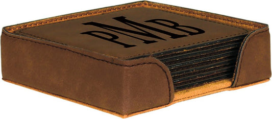 4" x 4" Dark Brown Square Laserable Leatherette 6-Coaster Set (Sold by Case of 4)