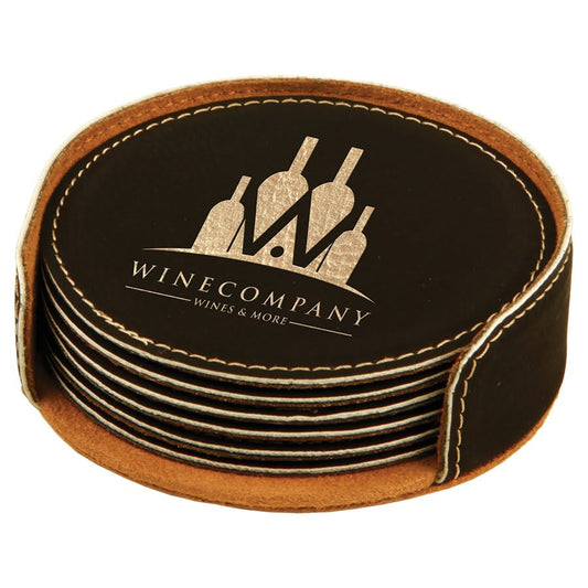 4" Black/Gold Round Laserable Leatherette 6-Coaster Set (Sold by Case of 4)