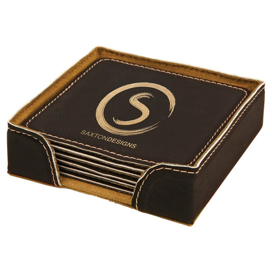 4" x 4" Black/Gold Square Laserable Leatherette 6-Coaster Set (Sold by Case of 4)