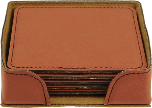 4" x 4" Rawhide Square Laserable Leatherette 6-Coaster Set (Sold by Case of 4)