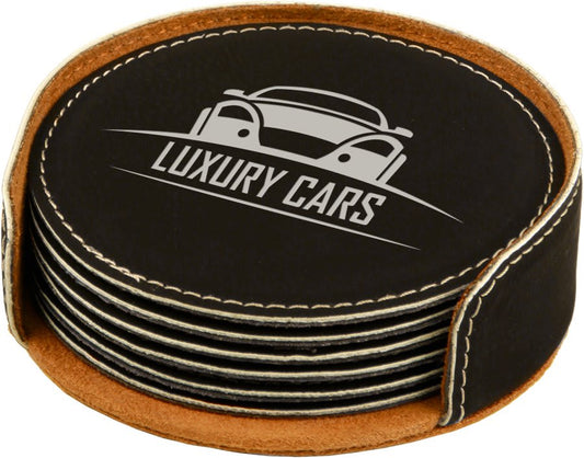 4" Black/Silver Round Laserable Leatherette 6-Coaster Set (Sold by Case of 4)