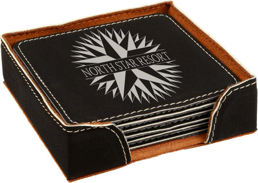 4" x 4" Black/Silver Square Laserable Leatherette 6-Coaster Set (Sold by Case of 4)