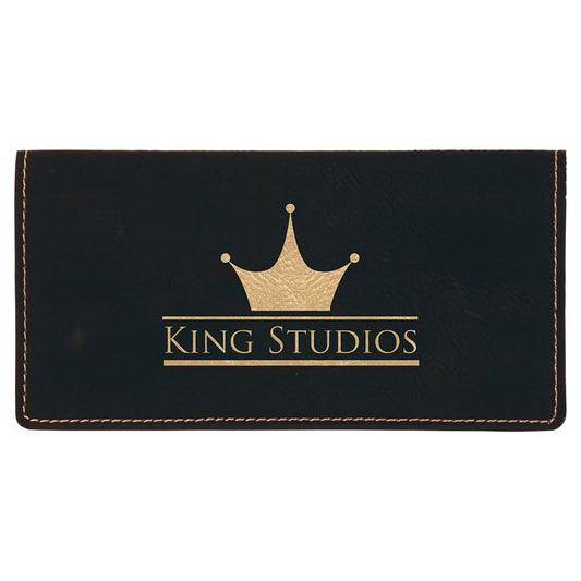 6 3/4" x 3 1/2" Black/Gold Laserable Leatherette Checkbook Cover (Sold by Case of 10)