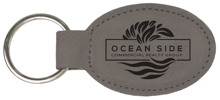3" x 1 3/4" Gray Laserable Leatherette Oval Keychain (Sold by Case of 50)