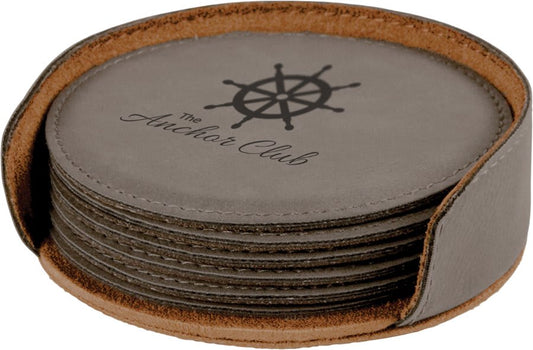 4" Gray Round Laserable Leatherette 6-Coaster Set (Sold by Case of 4)