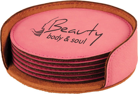 4" Pink Round Laserable Leatherette 6-Coaster Set (Sold by Case of 4)