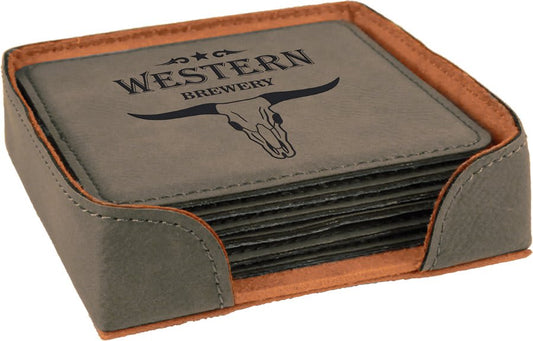 4" x 4" Gray Square Laserable Leatherette 6-Coaster Set (Sold by Case of 4)